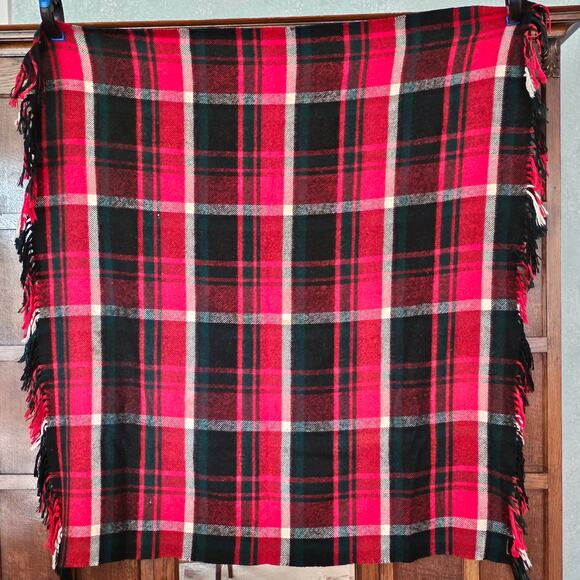 Vintage Troy Leisure Blanket lap robe throw black red green white 51x57 fringed - Picture 3 of 10